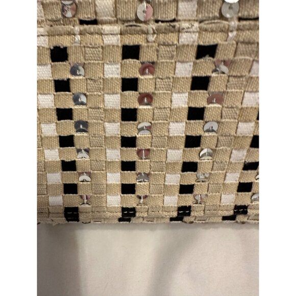 Talbots Woven Sequin-Accented Handbag Chain Straps Beige Black Elegant Tote Bag - Picture 2 of 11